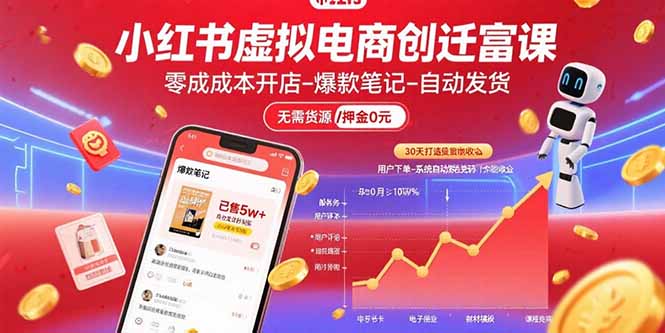 小红书虚拟电商创富课：零成本开店/爆款笔记/自动发货,30天打造被动收入