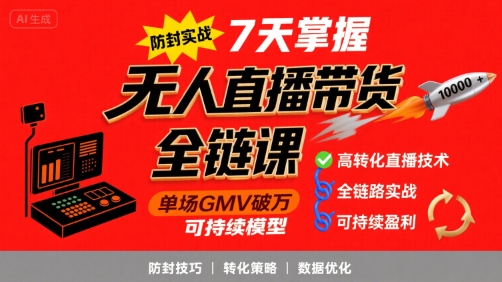 无人直播带货全链防封实战课，7天掌握高转化直播技术，实现单场GMV破万可持续模型鱼见海科技-小程序源码-网站源码-免费源码-网创项目-网赚项目-无人直播-弹幕游戏直播鱼见海资源网-免费PHP网站源码模板,插件软件网创AI智能体资源分享平台！