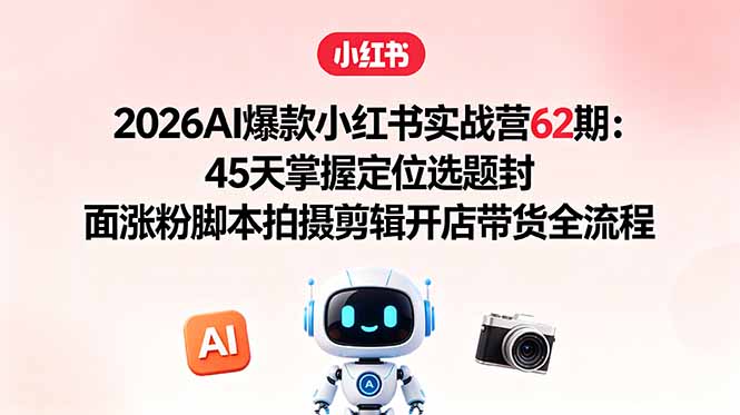 2026AI爆款小红书实战营62期：45天掌握定位选题封面涨粉脚本拍摄剪辑开店带货全流程