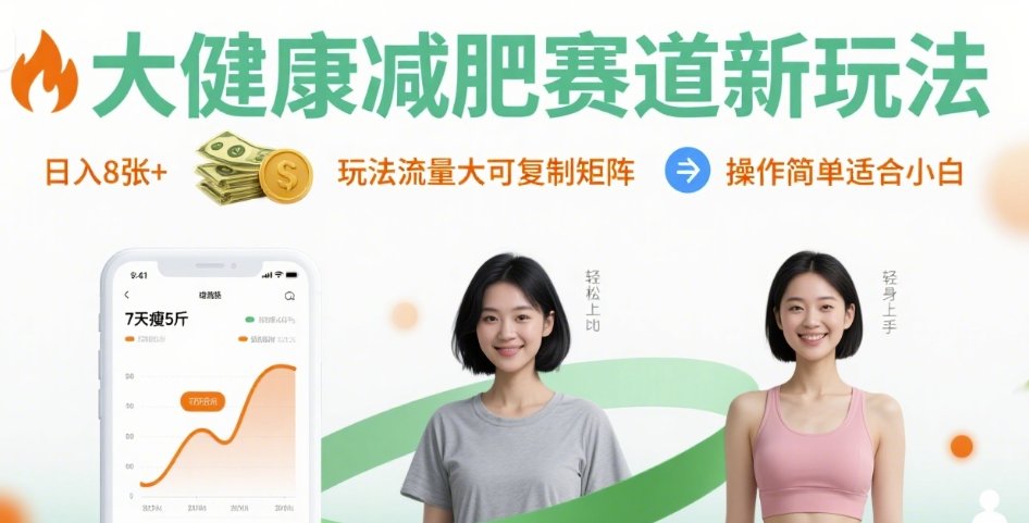 大健康减肥赛道新玩法日入8张,玩法流量大可复制矩阵,操作简单适合小白 大健康减肥赛道新玩法日入8张,玩法流量大可复制矩阵,操作简单适合小白