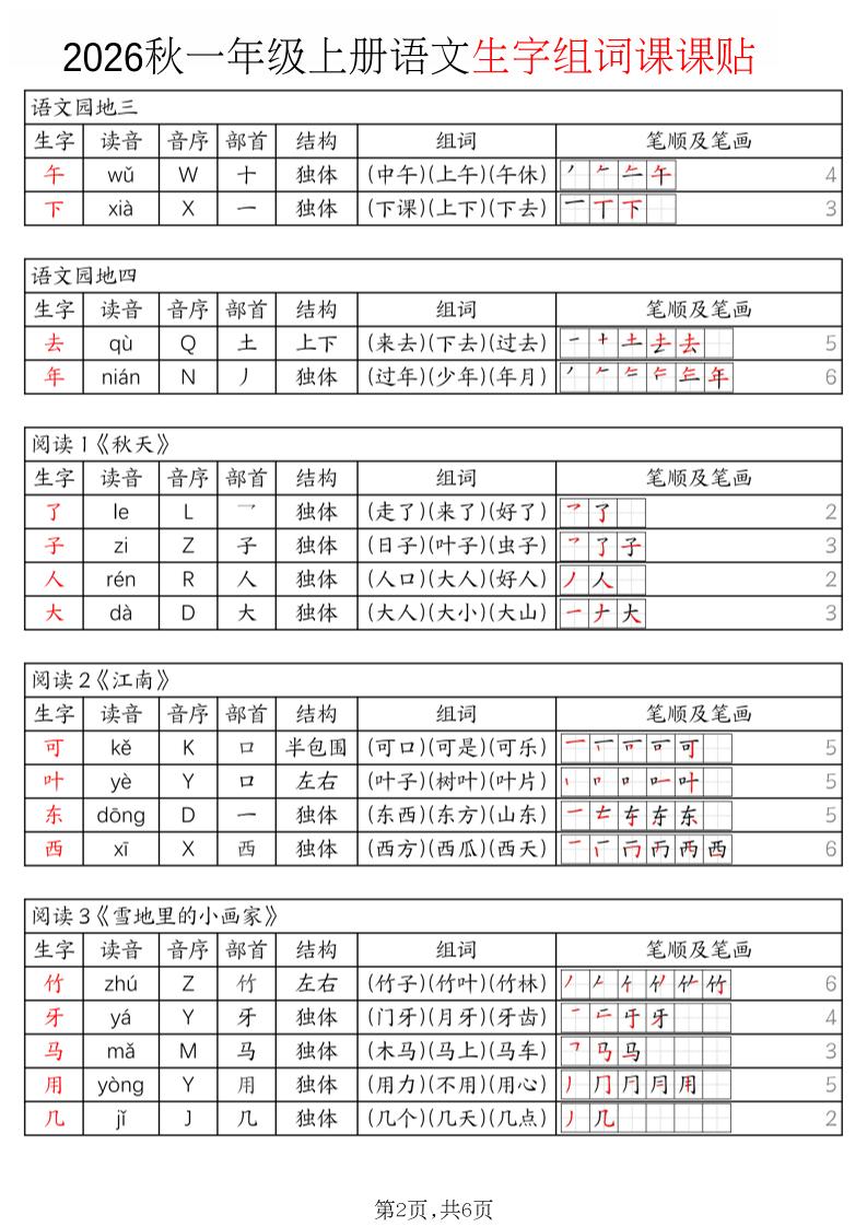 2026秋一年级上语文暑假预习《生字组词课课贴》