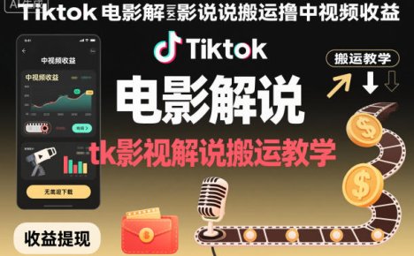 Tiktok电影解说搬运撸中视频收益，tk影视解说搬运教学