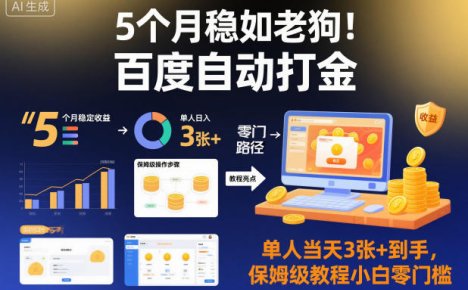 5个月稳如老狗！百度自动打金，单人当天3张+到手，保姆级教程小白零门槛【揭秘】