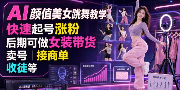 AI颜值美女跳舞教学，快速起号涨粉，后期可做女装带货，卖号，接商单，收徒等
