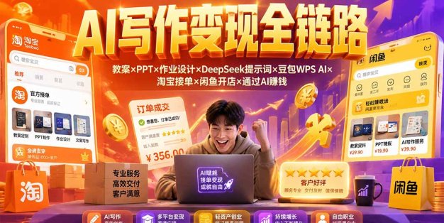 2026AI写作变现全链路：教案×PPT×作业设计×DeepSeek提示词×豆包WPS AI×淘宝接单×闲鱼开店×通过AI賺钱