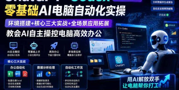 ChatGPT+Codex实战应用课｜零基础AI电脑自动化实操，环境搭建+核心三大实战+全场景应用拓展，教会AI自主操控电脑高效办公