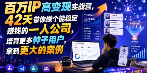 百万IP高变现实战营，42天带你做个能稳定賺钱的一人公司，培育更多种子用户，拿到更大的案例