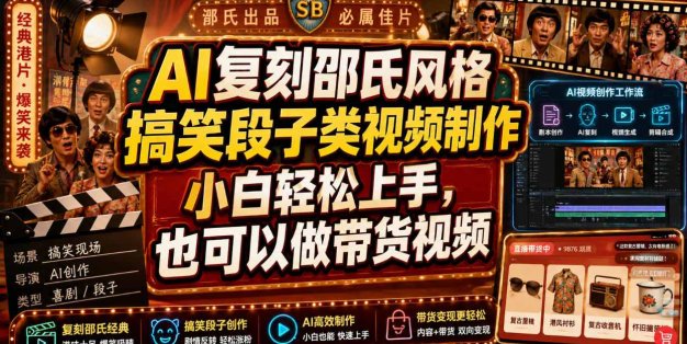 AI复刻邵氏风格搞笑段子类视频制作，小白轻松上手，也可以做带货视频