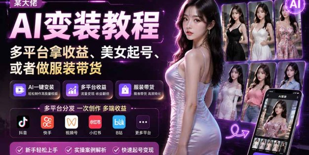 某大佬AI变装教程，多平台拿收益、美女起号、或者做服装带货