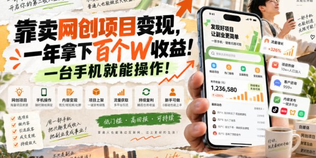 网创小程序虚拟资料变现，一年拿下百万收益，一部手机就可以做，0成本变现副业！