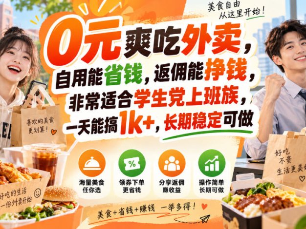 0元爽吃外卖,自用能省钱,返佣能挣钱,非常适合学生党上班族,一天能搞1k+,长期稳定可做