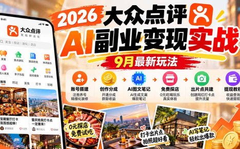 2026大众点评AI副业变现实战9月最新玩法:账号搭建+创作分成+AI图文笔记+免费探店+出片点共建与提现教程