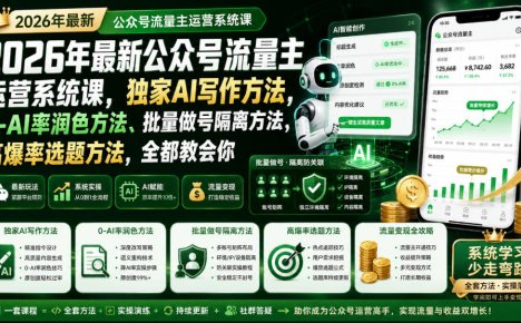 2026年最新公众号流量主运营系统课,独家AI写作方法,0-AI率润色方法、批量做号隔离方法、高爆率选题方法,全都教会你(更新1009)