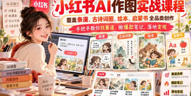小红书AI作图实战课程，覆盖条漫、古诗词图、绘本、启蒙书全品类创作，手把手教你找赛道、做爆款笔记、落地变现(更新1009)