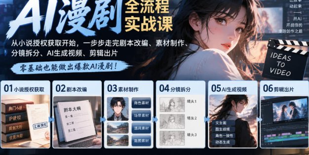 AI漫剧全流程实战课｜从小说授权获取开始，一步步走完剧本改编、素材制作、分镜拆分、AI生成视频、剪辑出片全流程