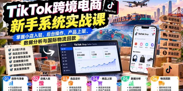 TikTok跨境电商新手系统实战课：掌握小店入驻、后台操作、产品上架、数据分析与国际物流回款