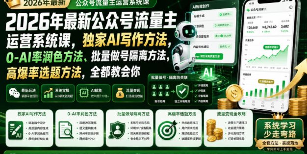 2026年最新公众号流量主运营系统课，独家AI写作方法，0-AI率润色方法、批量做号隔离方法、高爆率选题方法，全都教会你(更新1009)