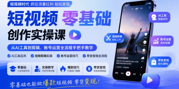 短视频零基础创作实操课，从AI工具到剪辑、账号运营全流程手把手教学，零基础也能做爆款短视频带货变现