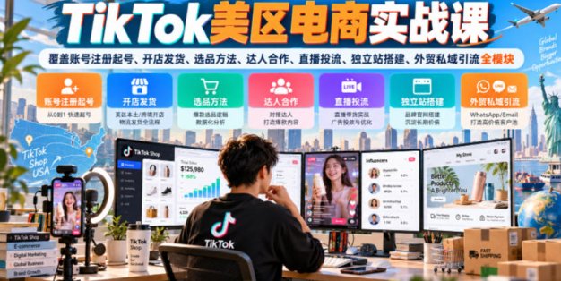 TikTok美区电商实战课，覆盖账号注册起号、开店发货、选品方法、达人合作、直播投流、独立站搭建、外贸私域引流全模块