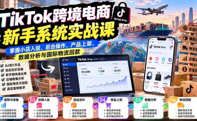 TikTok跨境电商新手系统实战课:掌握小店入驻、后台操作、产品上架、数据分析与国际物流回款
