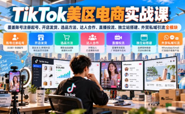 TikTok美区电商实战课,覆盖账号注册起号、开店发货、选品方法、达人合作、直播投流、独立站搭建、外贸私域引流全模块