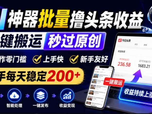 AI神器批量撸头条收益,一键搬运秒过原创,操作零门槛上手快,新手每天稳定200+【揭秘】