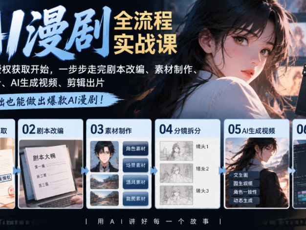 AI漫剧全流程实战课|从小说授权获取开始,一步步走完剧本改编、素材制作、分镜拆分、AI生成视频、剪辑出片全流程