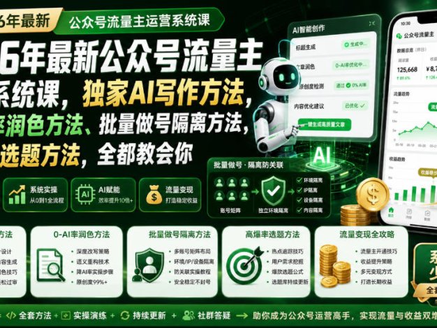 2026年最新公众号流量主运营系统课,独家AI写作方法,0-AI率润色方法、批量做号隔离方法、高爆率选题方法,全都教会你(更新1009)