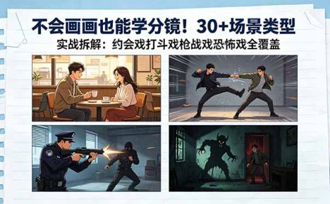不会画画也能学分镜!30+场景类型实战拆解:约会戏打斗戏枪战戏恐怖戏全覆盖