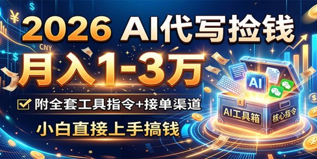 2026 AI代写捡钱，月入1-3万，附全套工具指令+接单渠道，小白直接上手搞钱