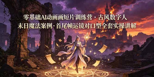 零基础AI动画短片训练营，古风数字人末日魔法案例，首尾帧运镜对口型全套实操讲解