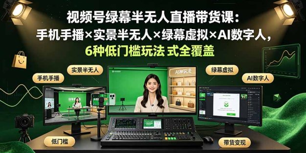 视频号绿幕半无人直播带货课：手机手播×实景半无人×绿幕虚拟×AI数字人，6种低门槛玩法全覆盖