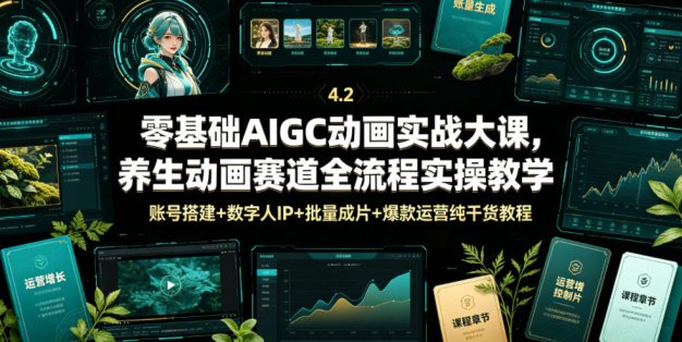 零基础AIGC动画实战大课，养生动画赛道全流程实操教学，账号搭建+数字人IP+批量成片+爆款运营纯干货教程
