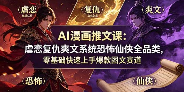 AI漫画推文课：虐恋复仇爽文系统恐怖仙侠全品类，零基础快速上手爆款图文赛道