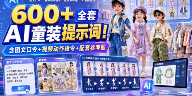 600+全套AI童装提示词！含图文口令+视频动作指令+配套参考图，Word-Excel规整分类，童装电商、种草无脑量产内容！