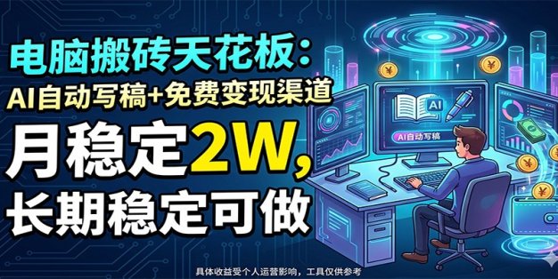 电脑搬砖天花板：AI自动写稿+免费变现渠道，月稳定2W，长期稳定可做