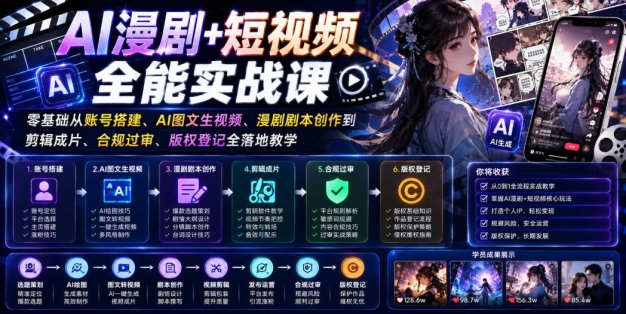 AI漫剧+短视频全能实战课｜零基础从账号搭建、AI图文生视频、漫剧剧本创作到剪辑成片、合规过审、版权登记全落地教学