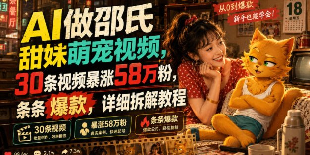 AI做邵氏甜妹萌宠视频，30条视频暴涨58万粉，条条爆款，详细拆解教程
