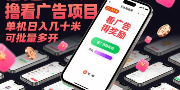 全新零撸看广告项目，单机日入几十米可批量多开