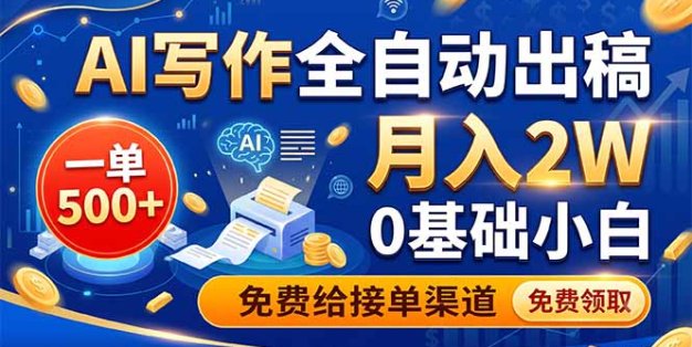 AI写作全自动出稿，一单500+，0基础小白月入2W，免费给接单渠道