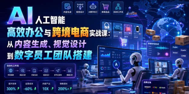 AI人工智能高效办公与跨境电商实战课：从内容生成、视觉设计到数字员工团队搭建