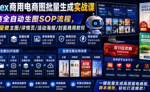 Codex商用电商图批量生成实战课|电商全自动生图SOP流程,一键批量做主图/详情页/活动海报/封面商用教程