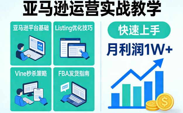 亚马逊运营实战教学,亚马逊平台+Listing优化+Vine秒杀+FBA发货等,快速上手,实现店铺月利润1W