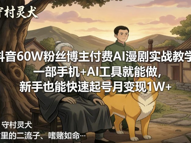 抖音60W粉丝博主付费AI漫剧实战教学，一部手机+AI工具就能做，新手也能快速起号月变现1W+