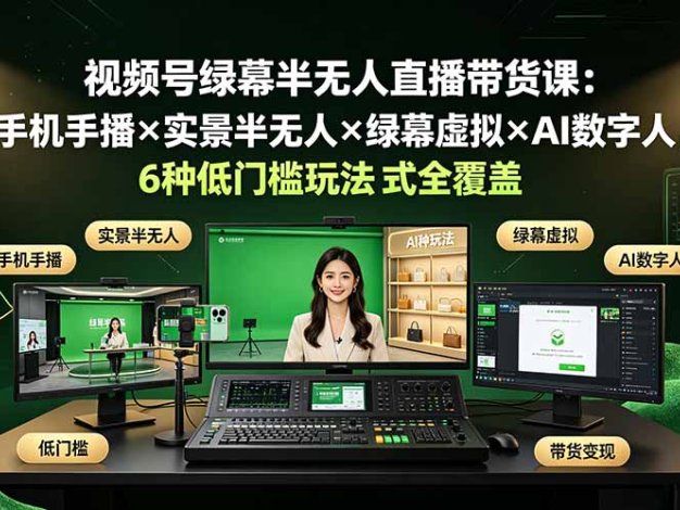 视频号绿幕半无人直播带货课:手机手播×实景半无人×绿幕虚拟×AI数字人,6种低门槛玩法全覆盖