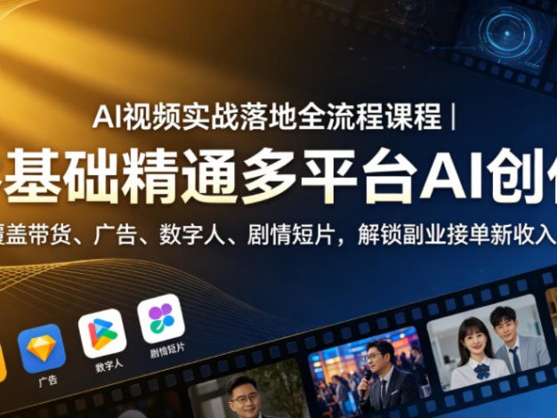 AI视频实战落地全流程课程|零基础精通多平台AI创作,覆盖带货、广告、数字人、剧情短片,解锁副业接单新收入
