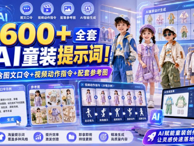600+全套AI童装提示词！含图文口令+视频动作指令+配套参考图，Word-Excel规整分类，童装电商、种草无脑量产内容！